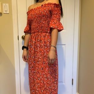 red floral off shoulder flower dress